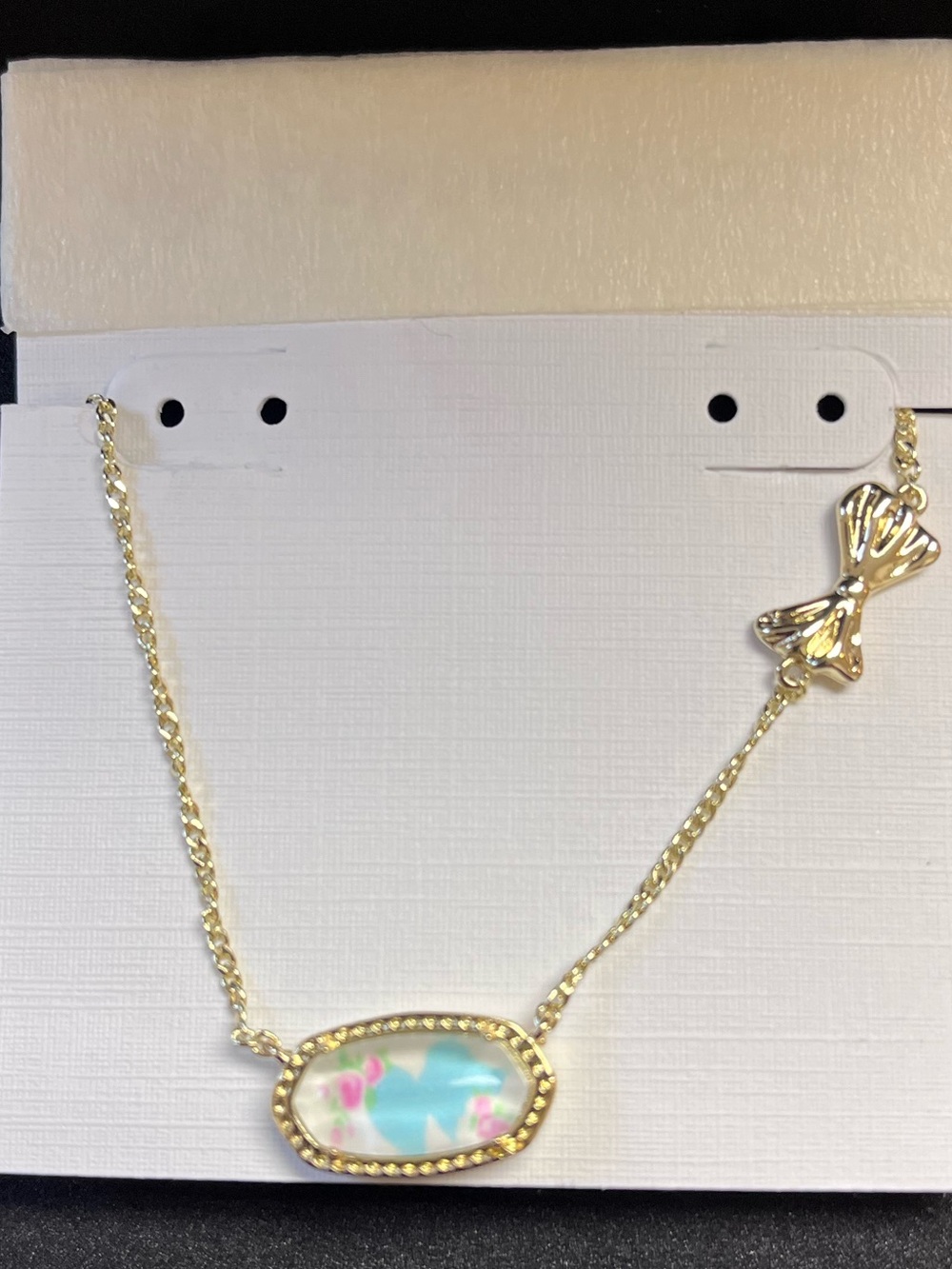 Kendra Scott Gold-Tone Bow & Floral Oval Pendant Necklace in Blue and Pink